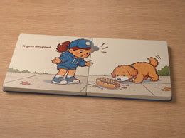 Ope interior spread: It gets dropped. The girl throws up her hands while Barry sniffs the chili coney on the sidewalk.