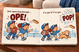 Ope illustrated interior preview: Just squeezing through… OPE! A coney flies away. I’ve got it! I’ve got… POP! A firework interrupts while Barry watches the coney.