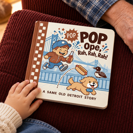 Pop on an oxblood armchair beside a grandfather and child.
