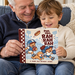 A grandfather and child holding Rah Rah Rah together on a blue sofa.