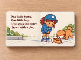 Ope interior spread: One little bump. One little hop. Ope! goes the coney. Down with a plop. The girl and Barry look at a chili coney on the sidewalk.