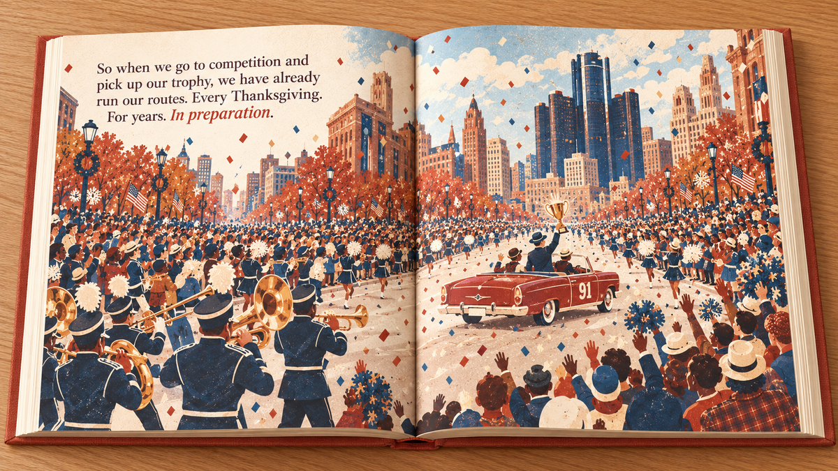 I Want a Parade interior study, painted: we have already run our routes. Every Thanksgiving. For years. In preparation. The band and a red convertible under the Detroit skyline.