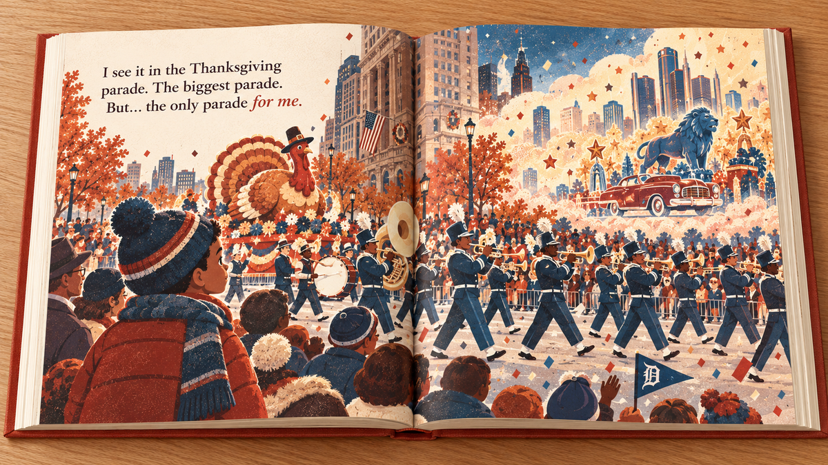 I Want a Parade interior spread: I see it in the Thanksgiving parade. The biggest parade. But the only parade for me. A boy in a knit hat watches the band pass downtown.