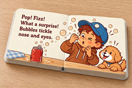 Pop interior spread: Pop! Fizz! What a surprise! Bubbles tickle a boy's nose while Barry laughs.