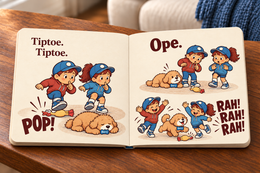 Tiptoe, tiptoe past sleeping Barry. POP! goes the squeaky chicken. Ope. Barry wakes up. RAH! RAH! RAH!